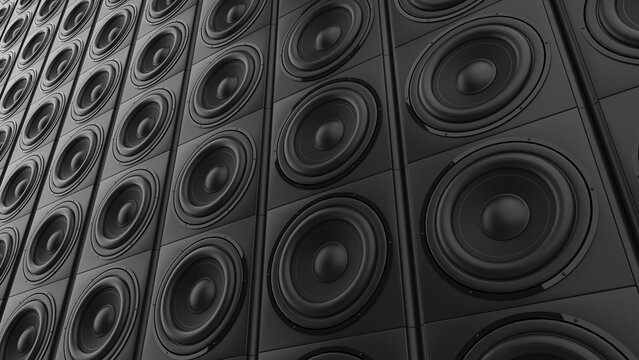 Wall of sub woofer bass speakers - low angle closeup shot