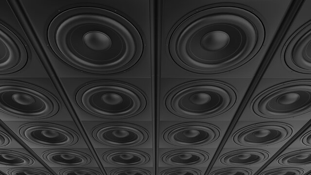 Wall of sub woofer bass speakers - high angle closeup shot
