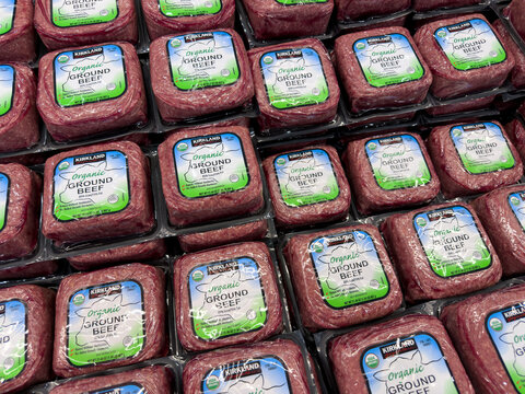 Prosper, Texas, USA - September 16th, 2026: Kirkland Signature organic ground beef on store shelf inside Costco warehouse display in meat department