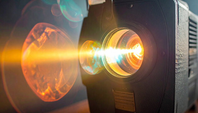 A vintage movie projector casts a warm, nostalgic beam of light, evoking memories of classic cinema. This artistic closeup, featuring nobody, captures a magical, timeless atmosphere. No people.
