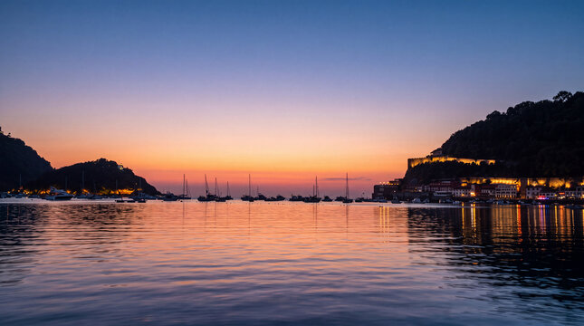 Une vue panoramique apaisante sur une baie m&eacute;diterran&eacute;enne &agrave; l'heure dor&eacute;e, montrant le contraste entre le ciel cr&eacute;pusculaire vibrant et les silhouettes sombres des collines parsem&eacute;es de lumi&egrave;res scin