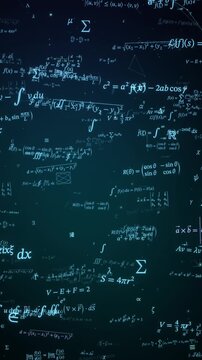 Teal glowing calculus integrals, matrices and geometry formulas fly past in a dark blue math space, science background