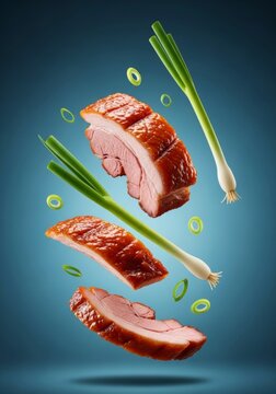 Succulent roasted meat slices levitate with shimmering crispy skin reflecting warm studio light, paired with floating fresh green scallions, reflection, flying, succulent