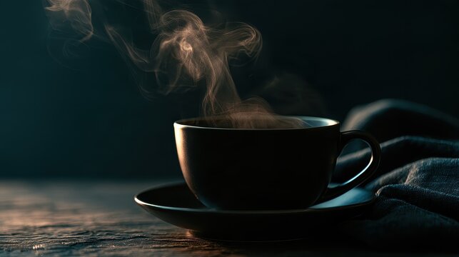 Mindfulness and peaceful coffee ritual concept close up focus on selective focus copy space slow living theme ethereal Silhouette minimalist dark slate surface backdrop. 