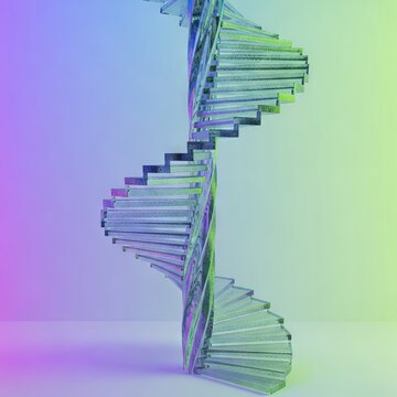 Surreal architectural concept of a twisting helix staircase crafted from translucent frosted glass floating in a minimalist ethereal space, spatial, design, ethereal