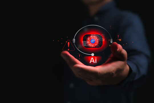 Artificial intelligence AI error concept with hacker virus system attack and cyber threat danger caution warning triangle sign interface dashboard graphic on smart modern businessman hand