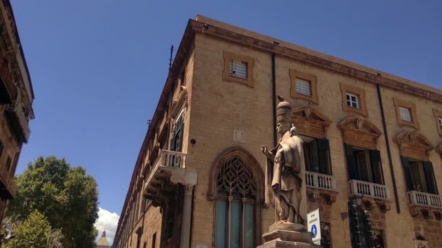 Marble Pope Statue On Cathedral Balustrade Beside Diocesan Museum In Palermo