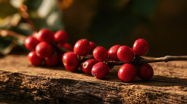 Sustainable coffee farming and ethical sourcing concept close up focus on selective focus copy space organic origins theme whimsical Fusion rustic wooden table backdrop. 