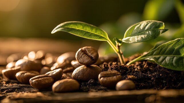 Sustainable coffee farming and ethical sourcing concept close up focus on selective focus copy space organic origins theme whimsical Fusion rustic wooden table backdrop. 
