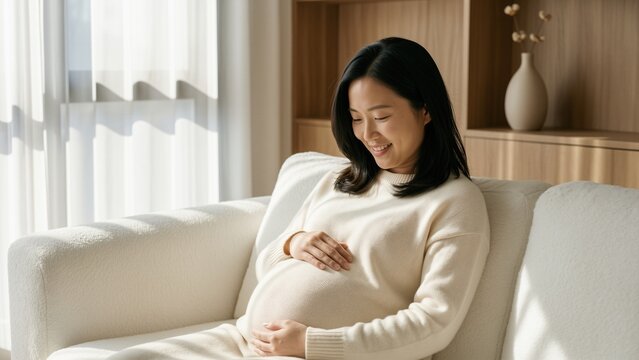 Lifestyle - Pregnant asian woman relaxing on a white couch at home