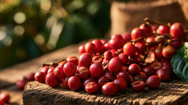 Sustainable coffee farming and ethical sourcing concept close up focus on selective focus copy space organic origins theme whimsical Fusion rustic wooden table backdrop. 