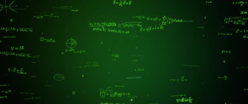 Faint neon green algebra and number theory formulas drift through a dark green space, minimal math background