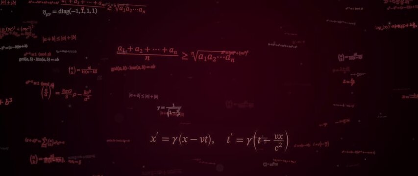 Faint crimson red algebra formulas and equations drift through a dark red space, minimal math background