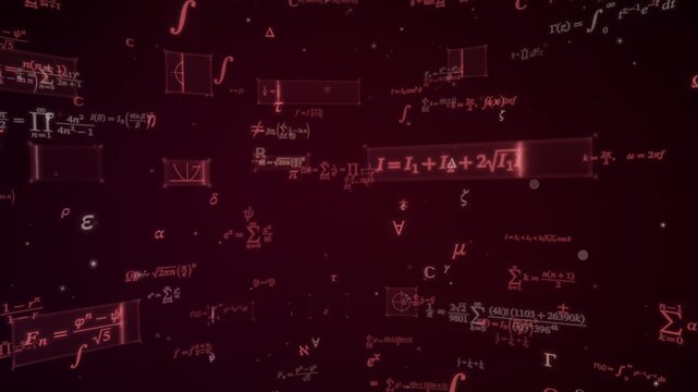Crimson red holographic panels with math series and sum formulas float through a dark red 3D space, science HUD background