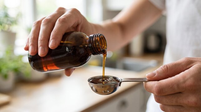 Person pouring dark liquid medicine from amber glass bottle into metal measuring spoon inside bright kitchen interior