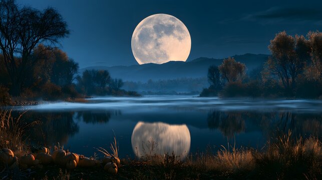 Giant full moon rising over misty river and autumn pumpkin patch at night