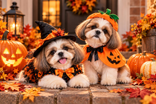 Two Cute Shih Tzu Dogs Wearing Halloween Costumes on Autumn Porch
