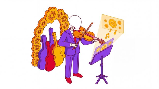 Dia de los muertos vektor skeleton musician in suit playing violin