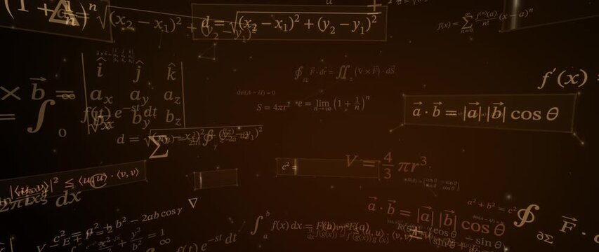 Amber holographic glass panels with matrix and calculus formulas float through a dark golden space, math background