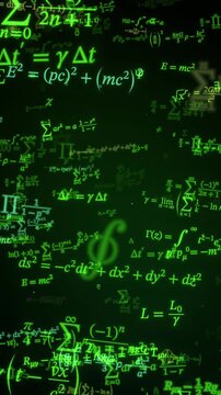Neon green math series, sigma sums and integral formulas fly past in dense glowing layers on black, math background