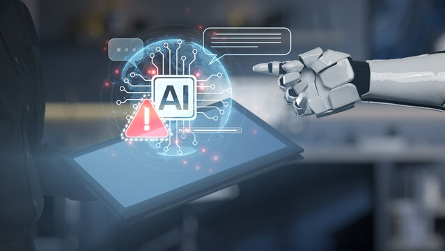 A human and robot engage in a digital interaction, highlighting artificial intelligence technology with elements of warning and communication in a futuristic setting. Salient