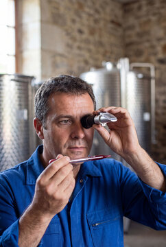 A male winemaker in a blue work shirt uses a handheld refractometer to check wine sample quality in a cellar.