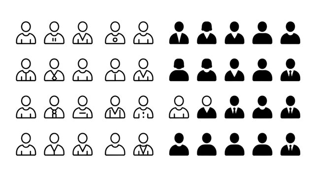 Set of user profile and group icons in outline and solid fill styles, representing single individuals and multiple people for digital interfaces and applications.
