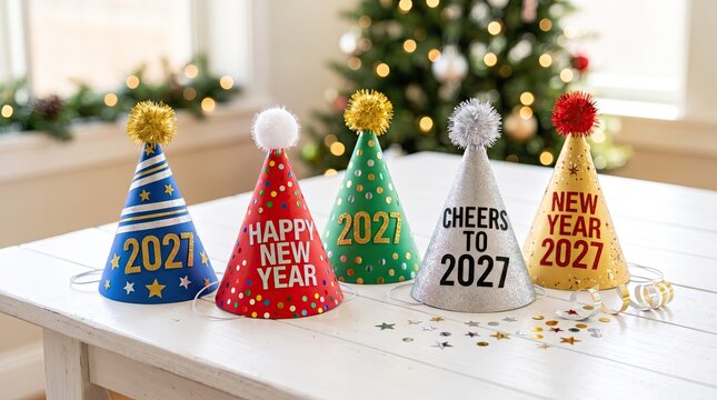 Five colorful party hats with 2027 text and pom-poms arranged on a white wooden table with a blurred christmas tree in the background setting