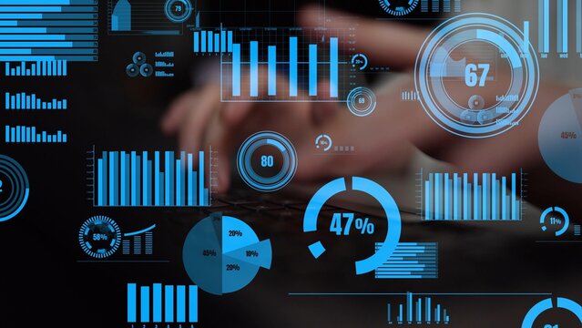 This digital image features a futuristic data analytics interface displaying dynamic graphs and statistics. The visualization highlights essential data insights for businesses. Xenic