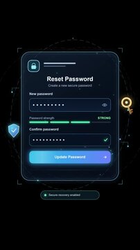 Futuristic digital user interface showing secure password reset form