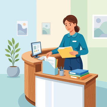 Professional receptionist organizing documents at a welcome desk with computer and office supplies in a modern interior.