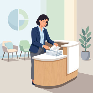 Professional Woman at Reception Desk Organizing Paperwork