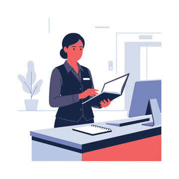 Professional Woman at Reception Desk with Computer and Folder, Modern Vector Illustration
