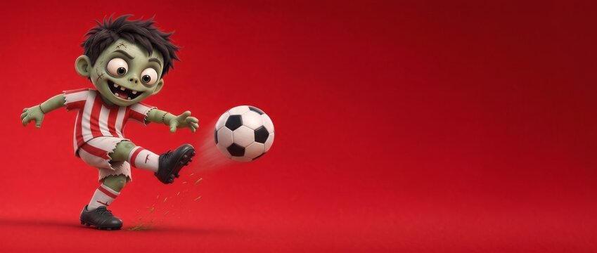 AI image Cute 3D cartoon zombie kicking soccer ball in striped uniform against red Halloween sports backdrop