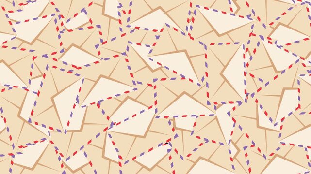 A seamless pattern of scattered airmail envelopes with red and purple borders