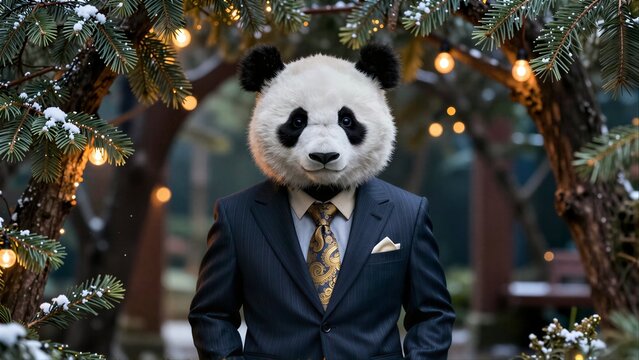 A cute giant panda wearing a suit and tie, smiling.