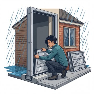 Man Installing Flood Barrier on House Door During Rainstorm