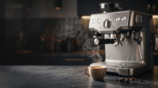 Espresso Machine Brewing Coffee: A gleaming espresso machine crafts a perfect cup of coffee, with steam gently rising from the warm beverage and roasted beans scattered nearby.