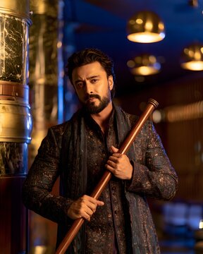 Portrait of a handsome man in traditional ethnic attire holding a wooden staff