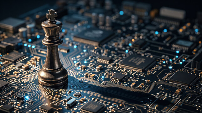 Metallic chess king on a glowing motherboard circuit board, suitable for tech strategy, AI leadership and cybersecurity marketing