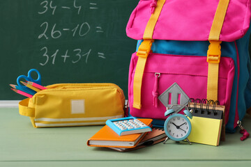 Back to school education concept, colorful backpack with stationery and math problems on a chalkboard background for student learning and development © Pixel-Shot