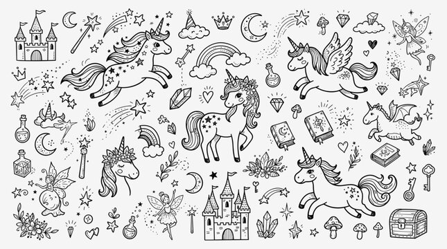 Hand drawn unicorn and fairy tale doodle set with castle magic wand rainbow crown fairy and potion for kids and fantasy designs