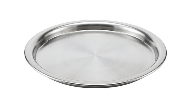 Polished stainless steel round tray, circular metal serving platter for food service, empty silver kitchen dish isolated on white