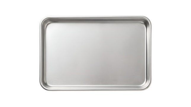 Metallic aluminum baking sheet isolated on white background, professional stainless steel kitchen tray, empty rectangular silver cookie sheet