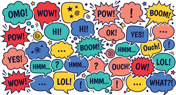 Retro Comic Book Speech Bubbles Vector Set, Colorful Pop Art Sound Effects and Text Balloons