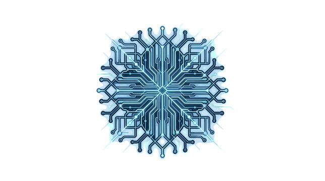 Digital snowflake circuit board design blending technology and winter themes in a unique blue symmetrical vector graphic illustration.