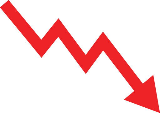 Red arrow pointing down on white background, downward trend vector graphic, financial crisis graph icon, stock market loss concept illustration