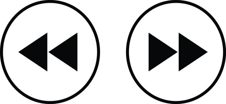 Minimalist fast forward and rewind icons set, black and white media player control symbols vector