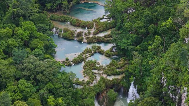 Aerial View of Semuc Champey Turquoise Pools and Waterfalls