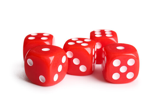 Risk and probability concept, red dice showing random numbers for gambling and business strategy decisions isolated on a clean white background